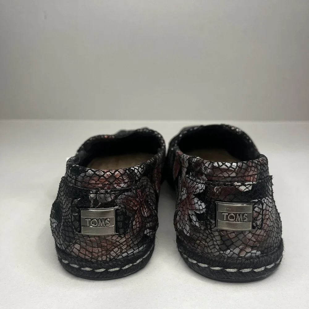 TOMS Alargata Women Floral Leather Flats 6W Black Slip On Espadrille Shoes Comfy